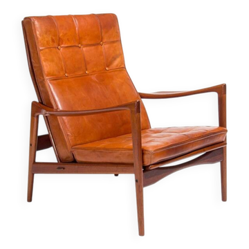 Fauteuil suédois en teck et cuir Ib Kofod Larsen, années 1950