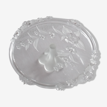 Standing dish in clear pressed molded glass and matte satin verlys genre, decoration flowers and foliage.
