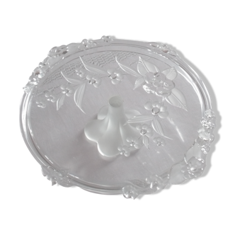 Standing dish in clear pressed molded glass and matte satin verlys genre, decoration flowers and foliage.
