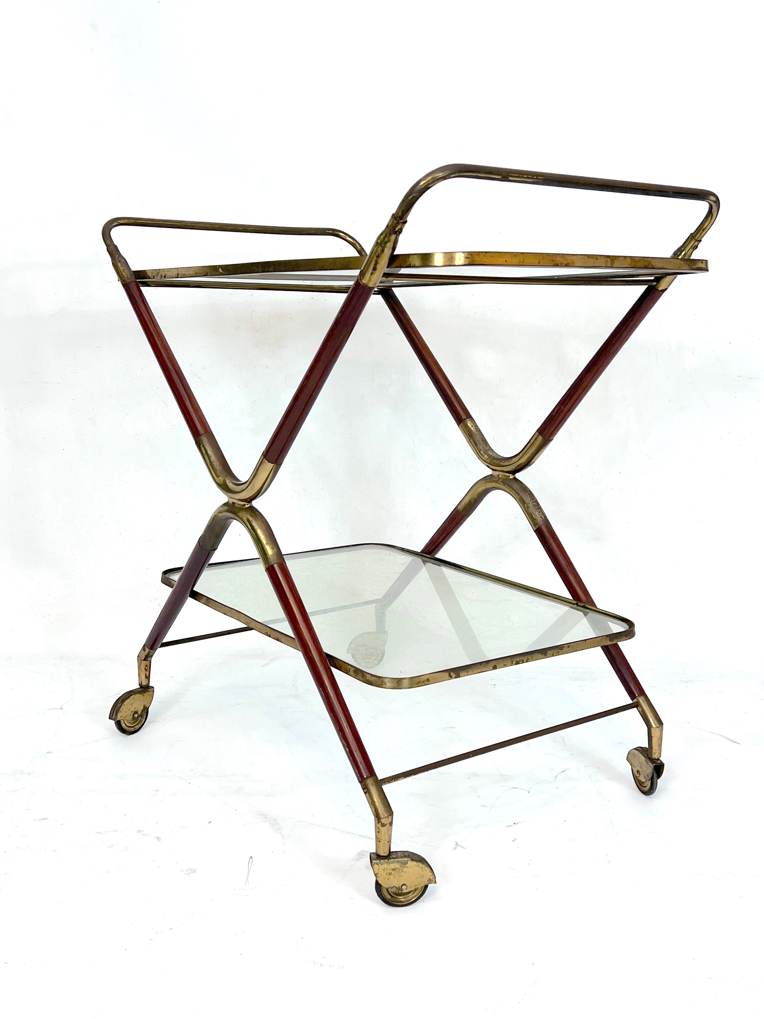 Mid-century brass and wood bar cart, Italy 1950s