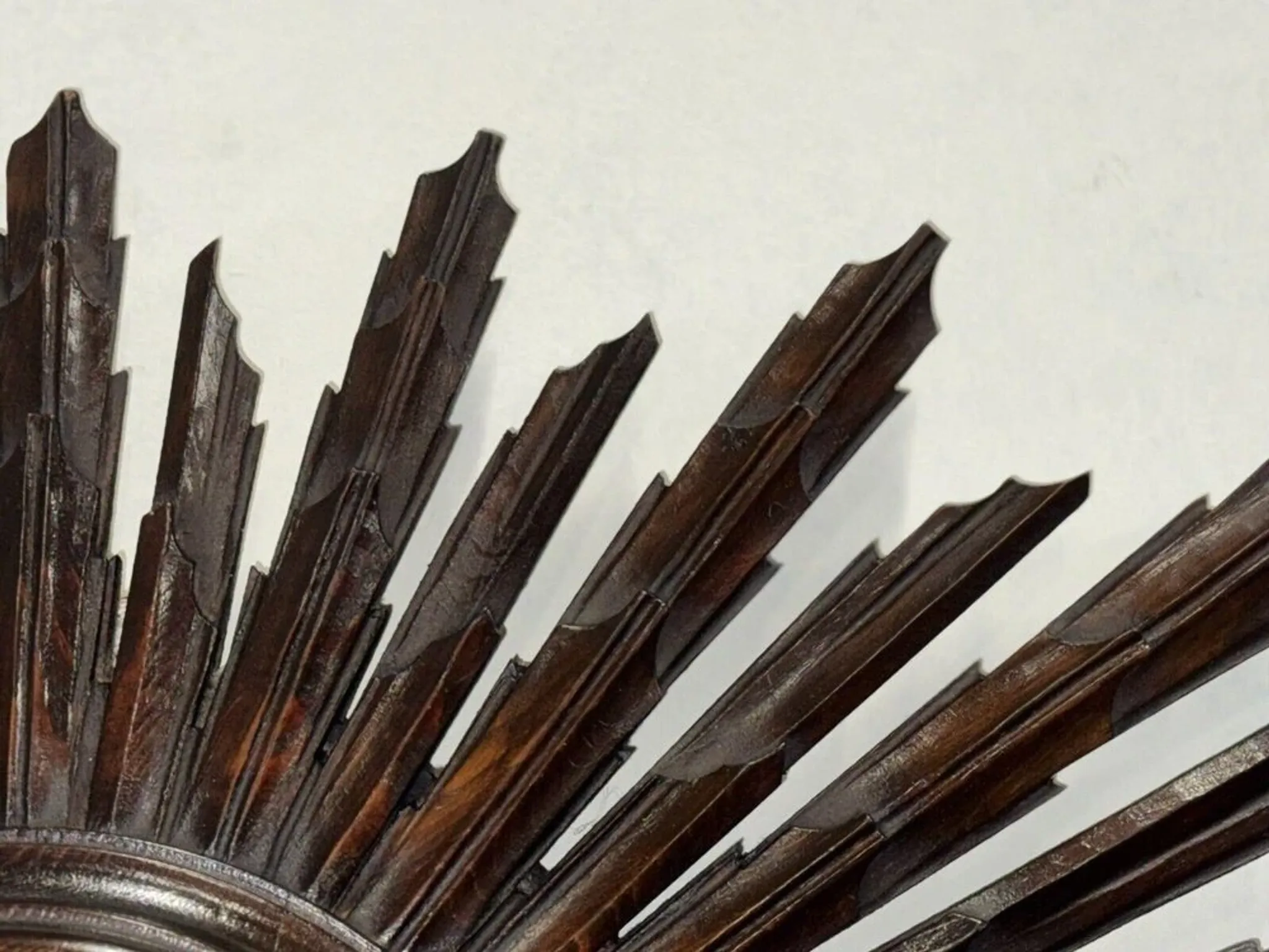 Vintage Brown Wood Convex Wall Mirror Sunburst, Spain, 1940