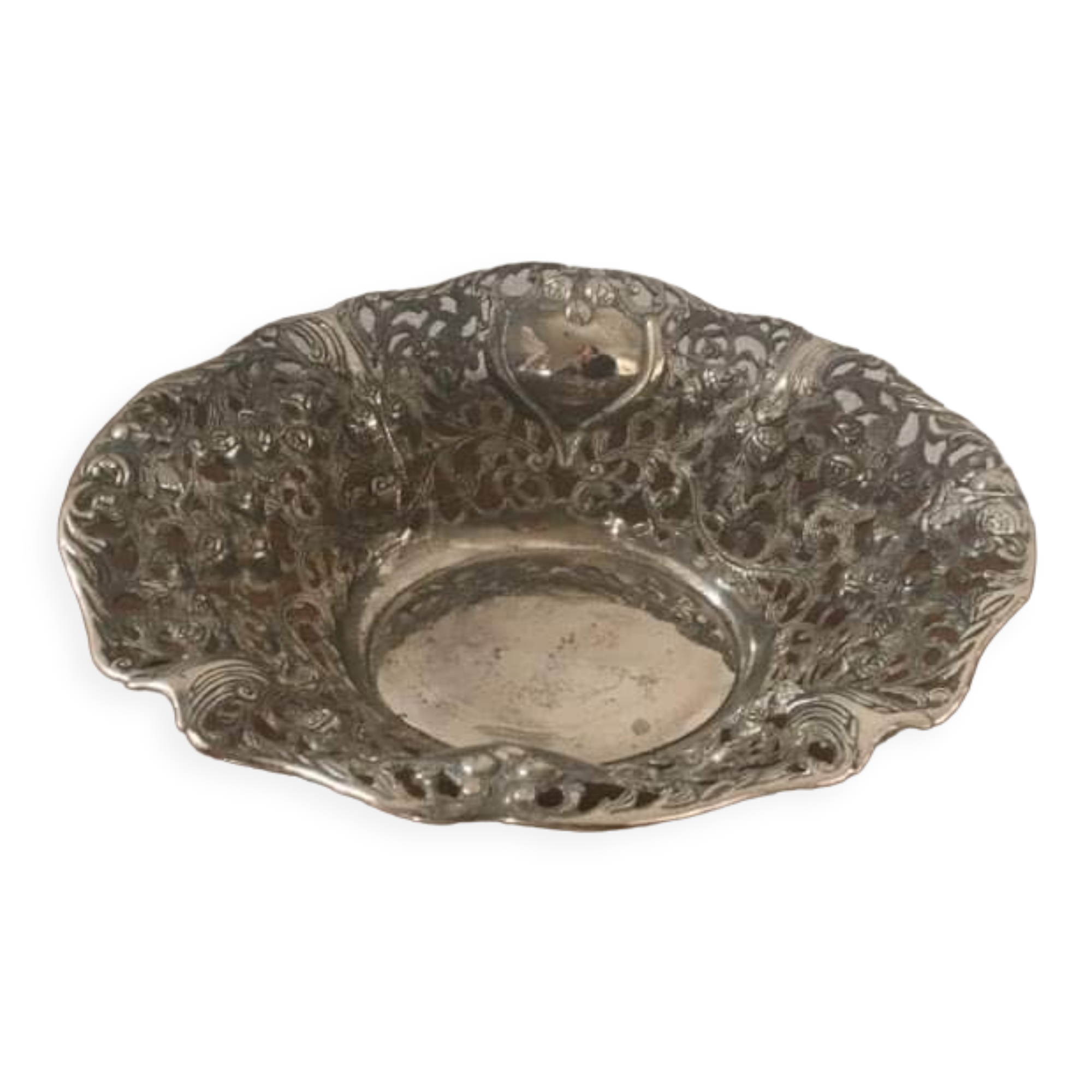 Silver metal basket with floral decoration