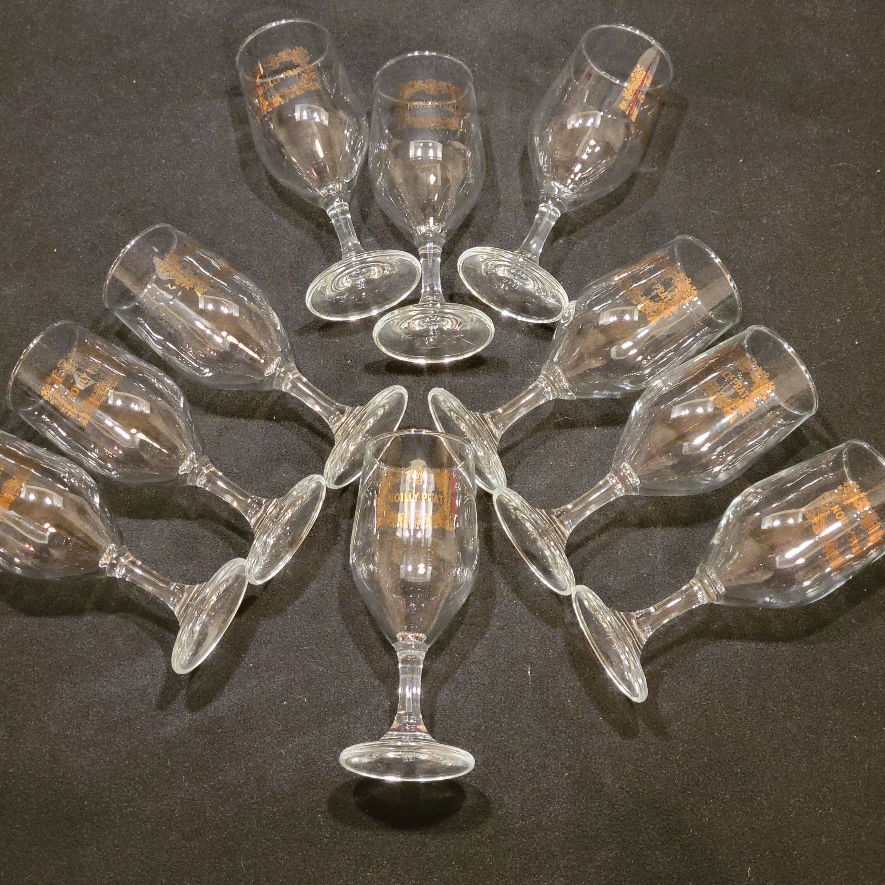 Vintage 10 glasses aperitif Noilly Prat on foot with golden inscription