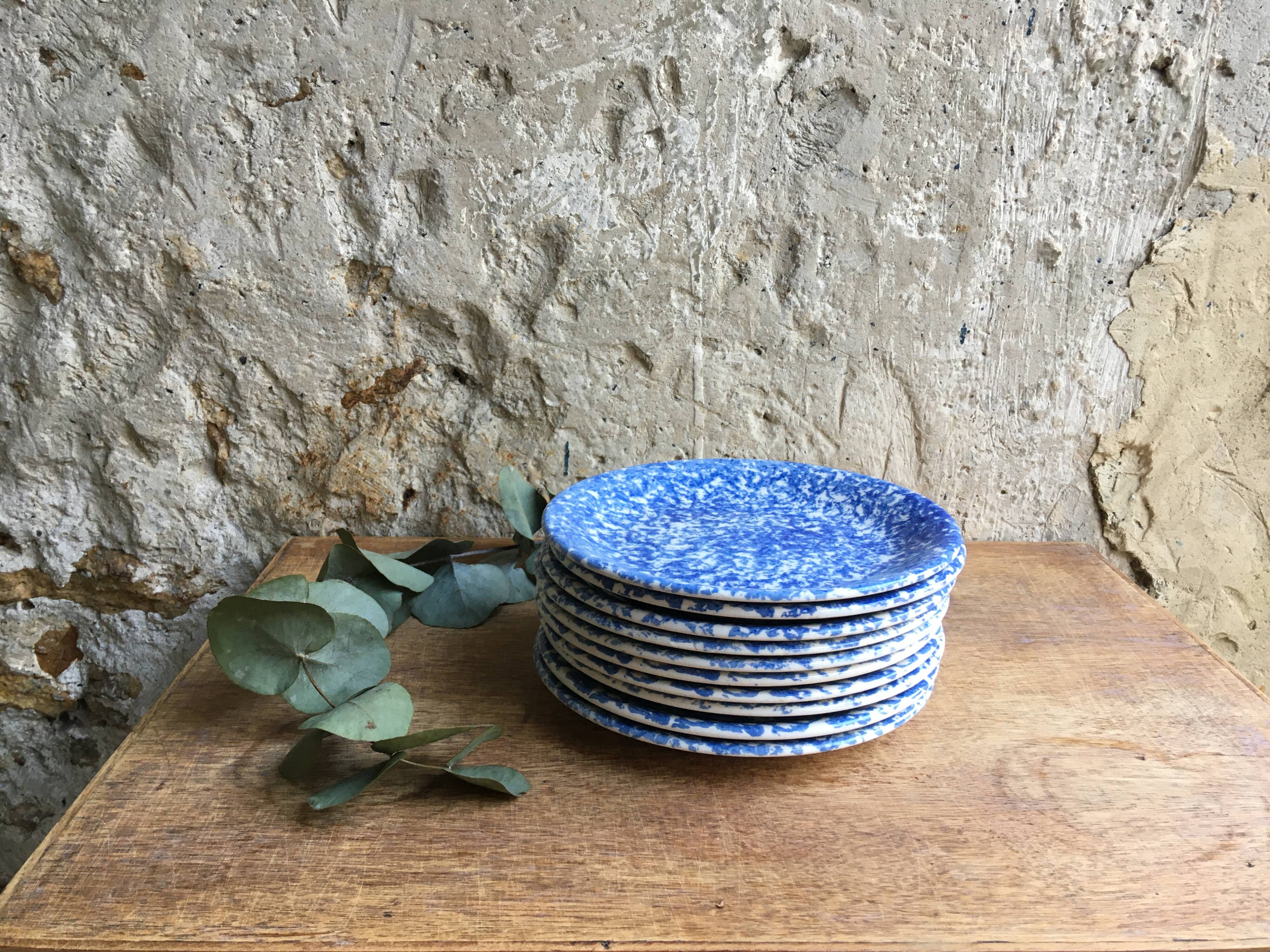 Lot of 10 plates with blue speckled blue Ceraminter