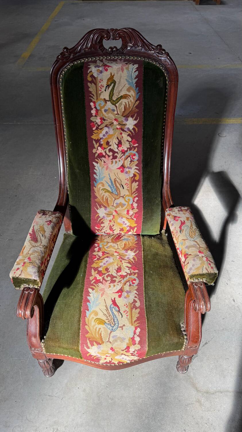 Antique mahogany wood upholstery armchair