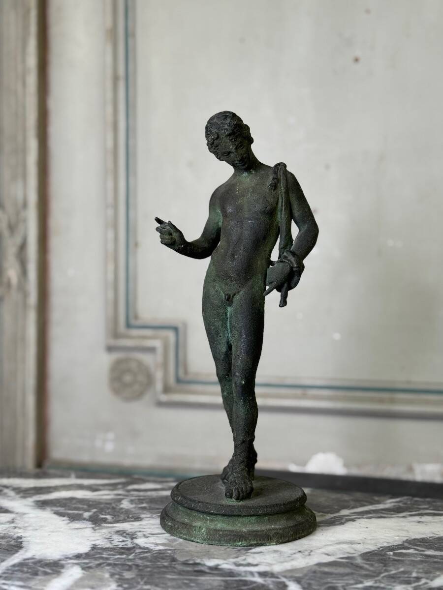 Bronze Narcissus after the antique, excavation patina, 19th century