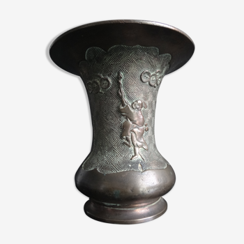 Ancien vase balustre chinois bronze cornet immortels Chine XIX