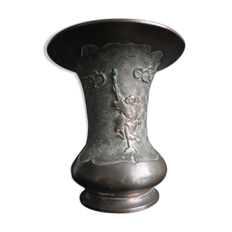 Ancien vase balustre chinois bronze cornet immortels Chine XIX