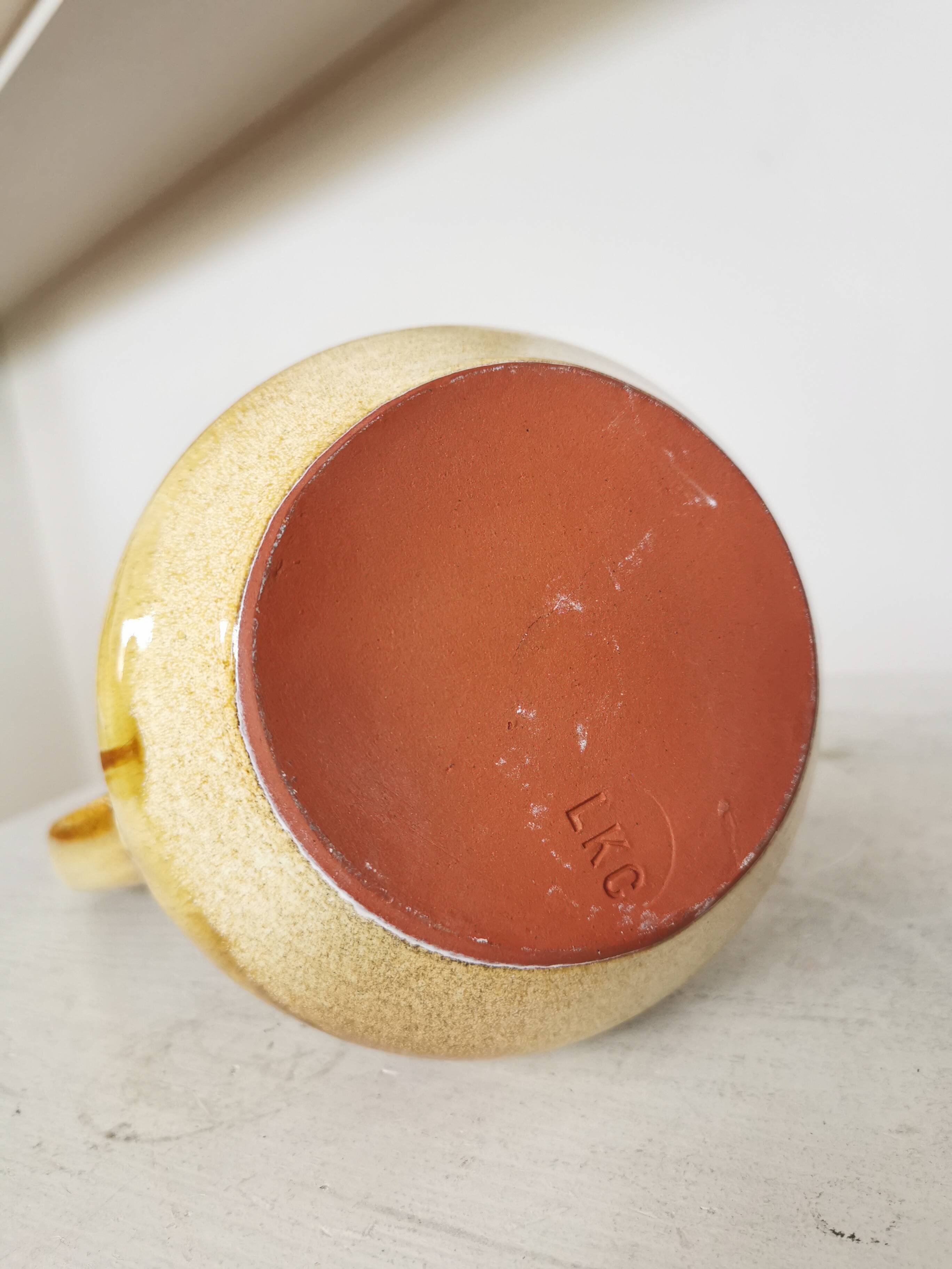 Handmade Ceramic Pitcher: 1970s LKC Pottery, Yellow Brown Glaze