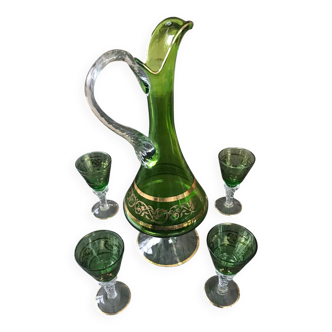 Italian blown glass carafe + liqueur glasses