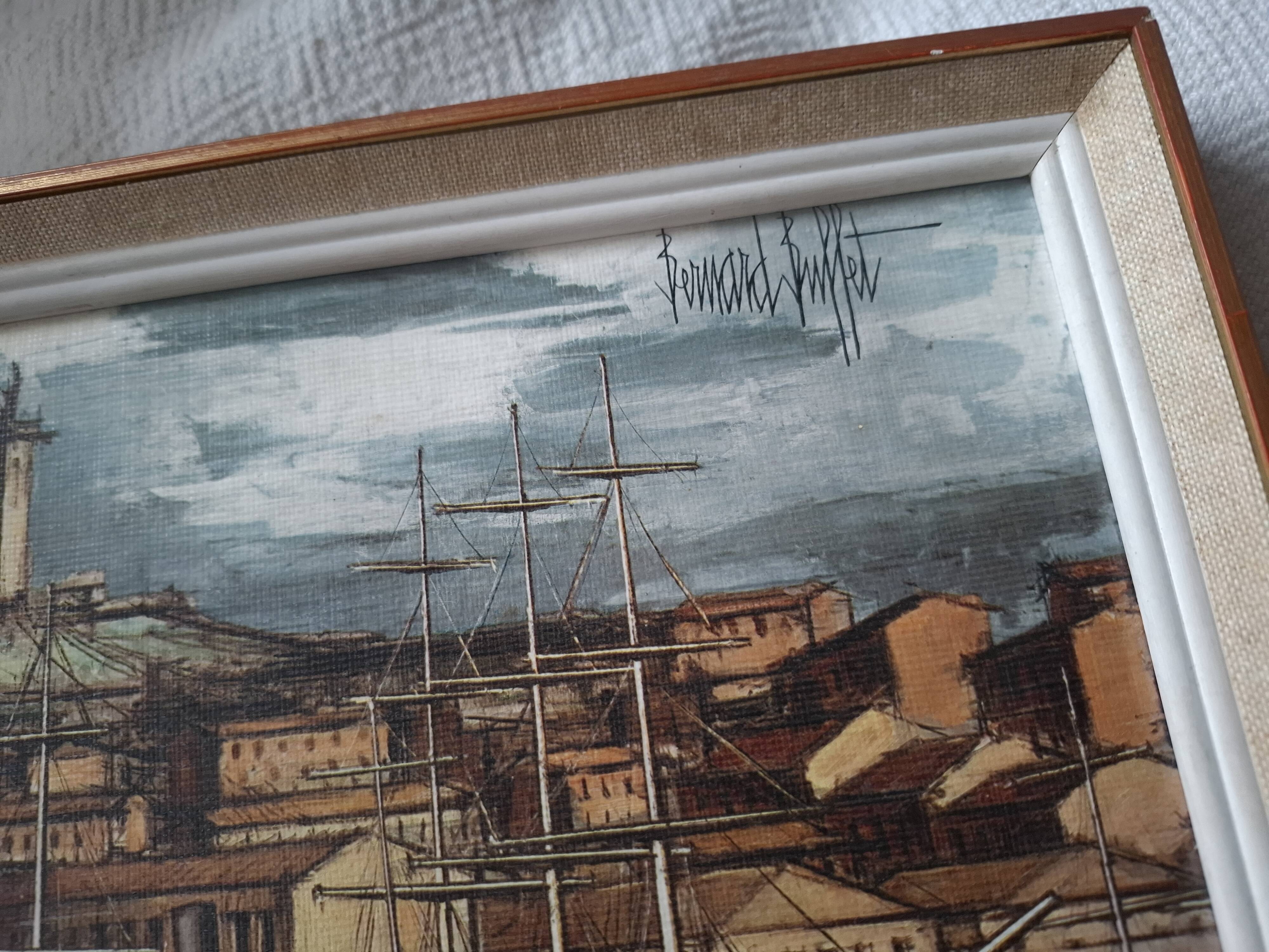 Tableau bernard buffet , marseille , bateaux dans le vieux port , edition braun