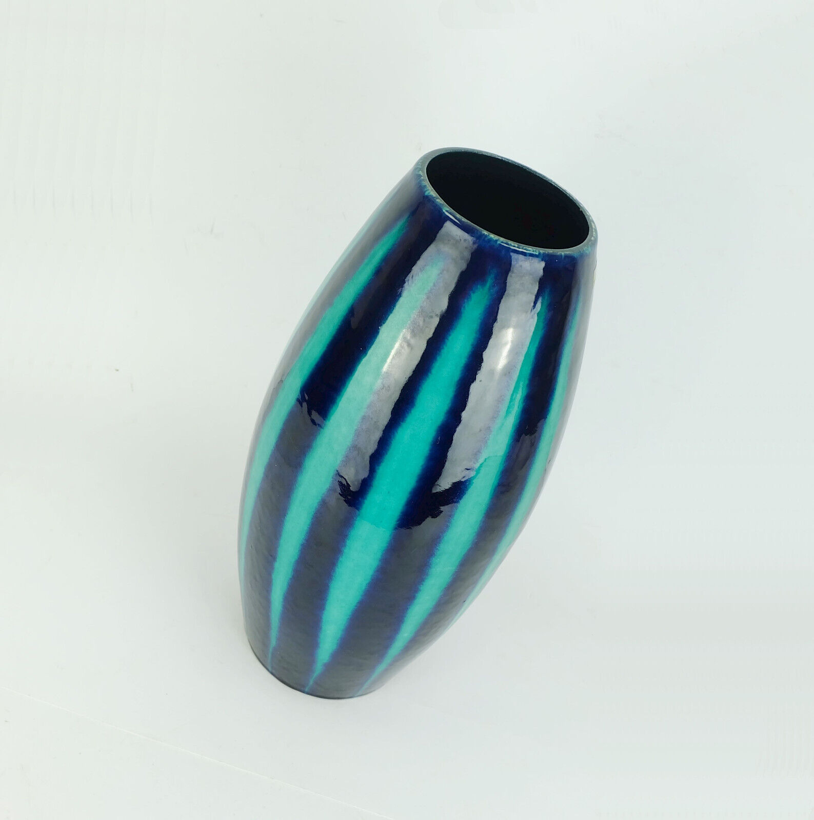 Scheurich europ-line mid century vase model 248-38 with stripe pattern in blue and emerald green