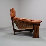 Vintage tripod lounge chair in leather, rattan and oak, Netherlands
