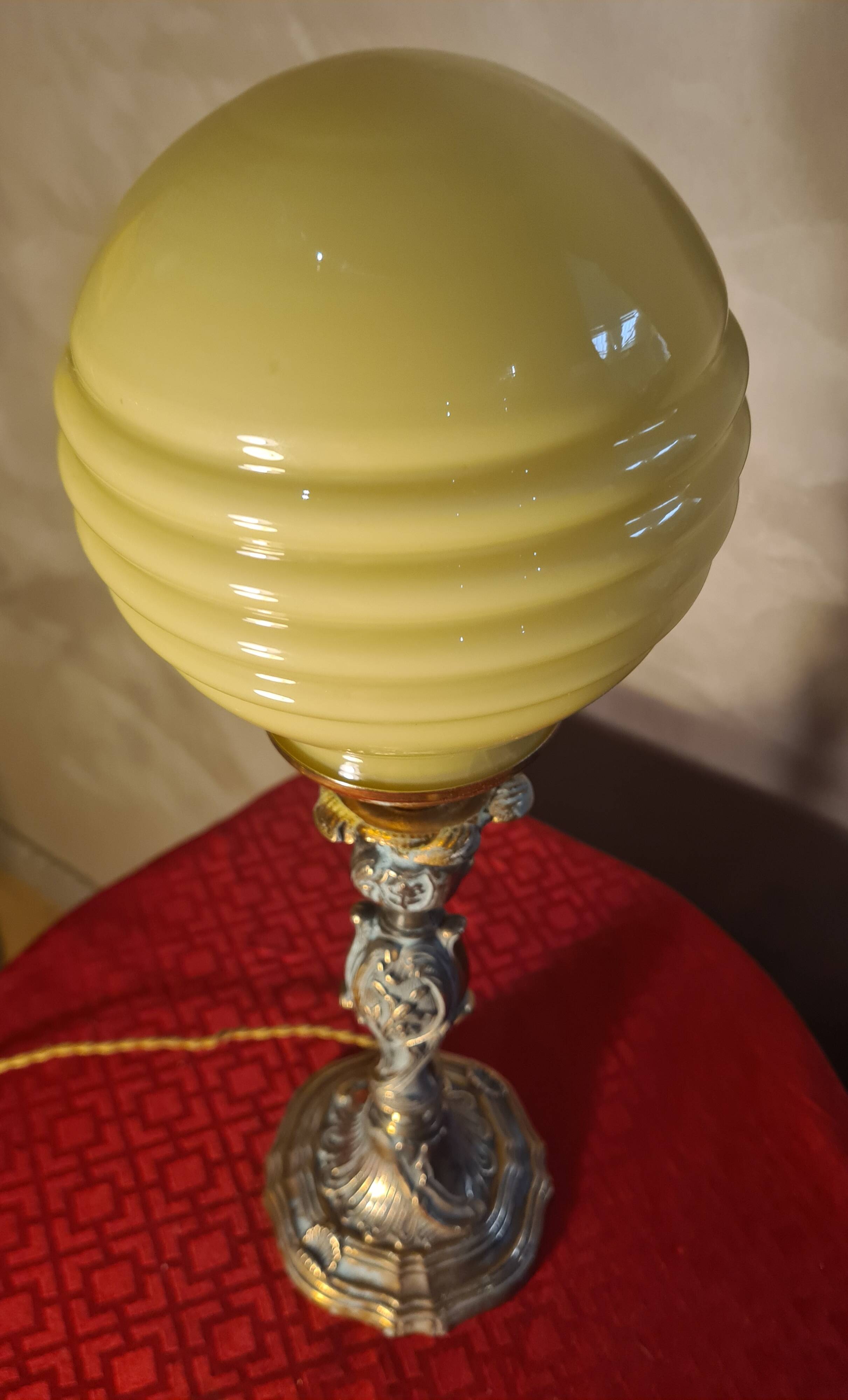 bronze lamp in Rococo style with yellow-green opaline ball, superb, electrical works fine