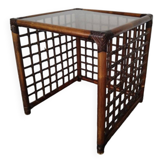 bamboo side table with smoked glass and leather bindings