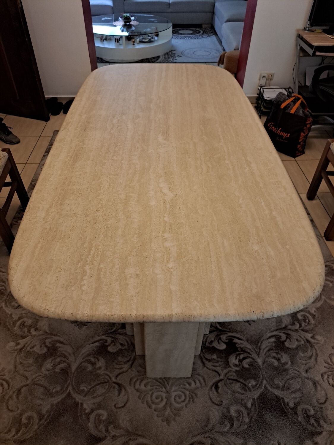 Travertine dining table.