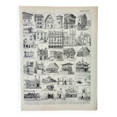 Gravure ancienne 1898, Habitation ancienne 2, architecture • Lithographie originale et vintage