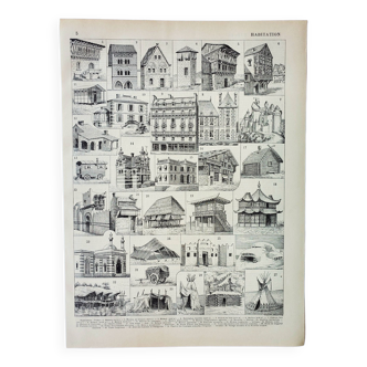 Old engraving 1898, Old dwelling 2, architecture • Original and vintage lithograph