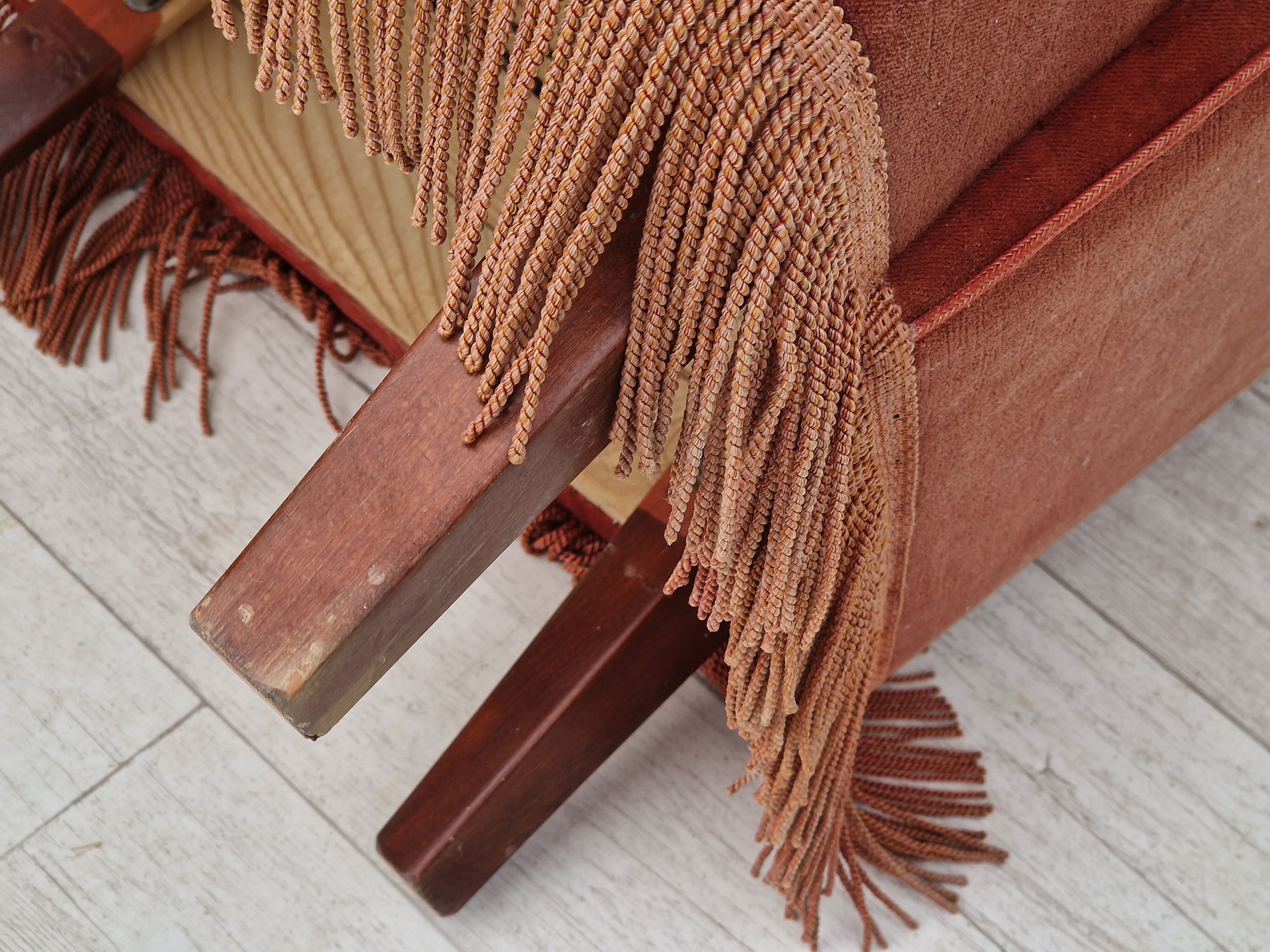 1970s, Danish set of two velour armchairs, original condition, beech wood.
