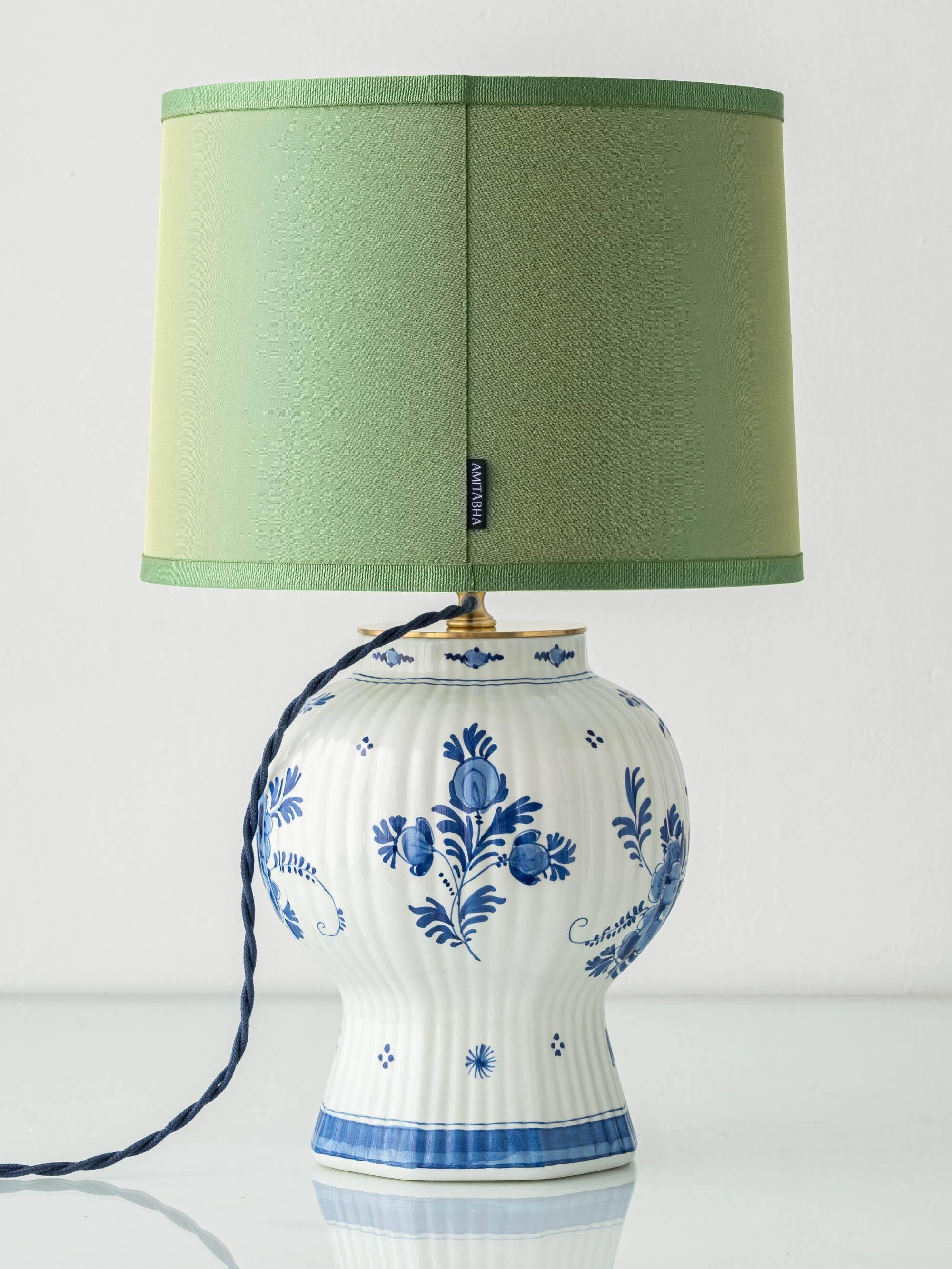 Royal Delft blue ceramic lamp, 1971, new pistachio silk shade.