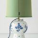 Royal Delft blue ceramic lamp, 1971, new pistachio silk shade.