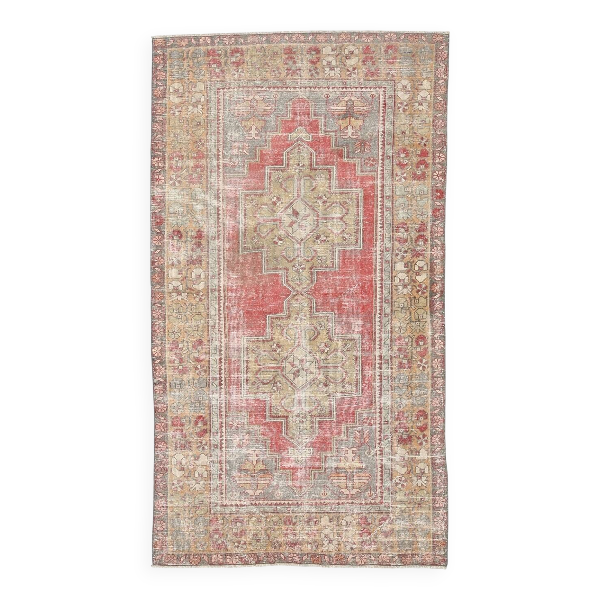 Turkish Light Yellow & Red Vintage Rug, 135x253Cm