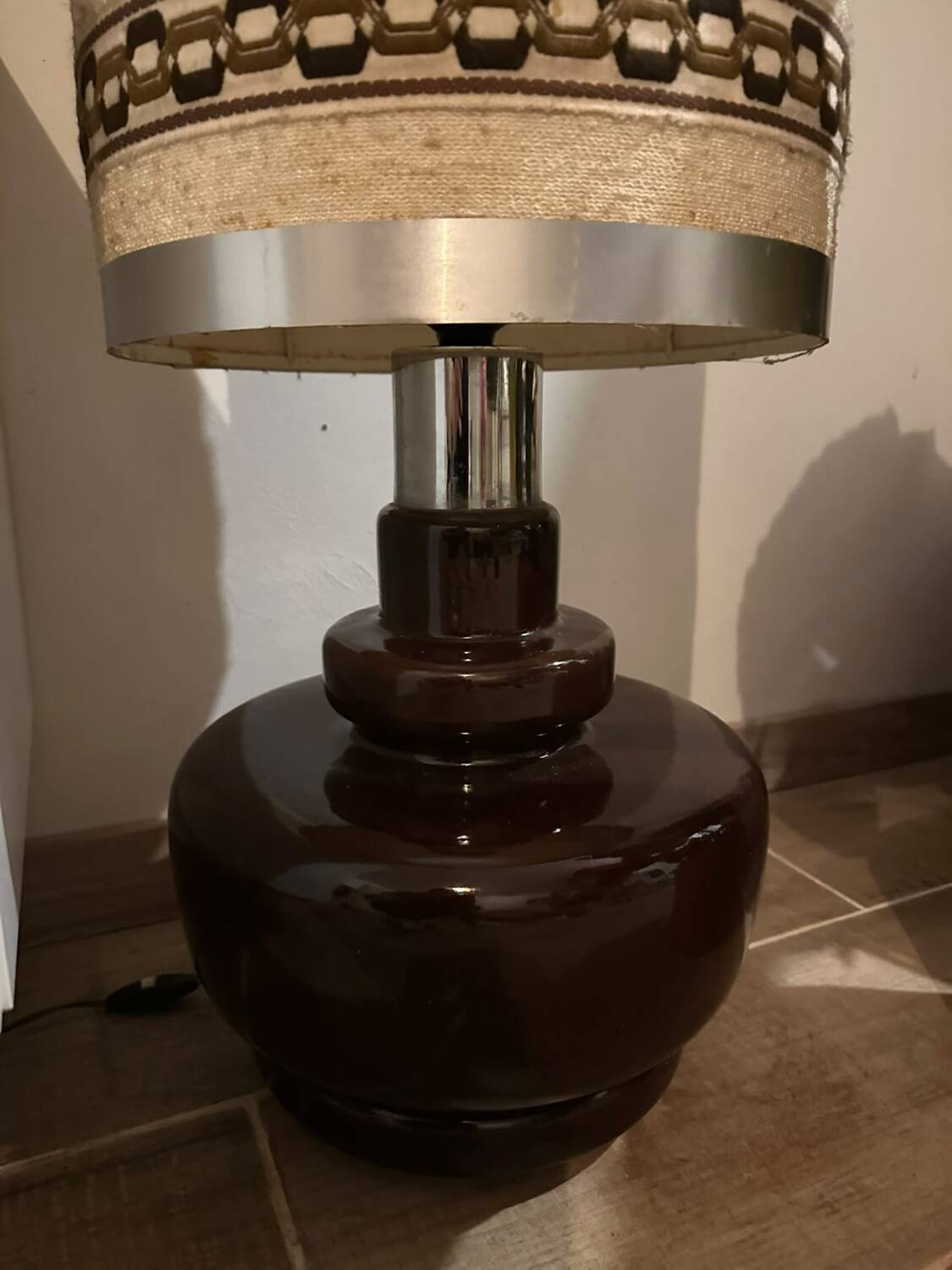 70's ceramic floor lamp with boucle fabric shade.