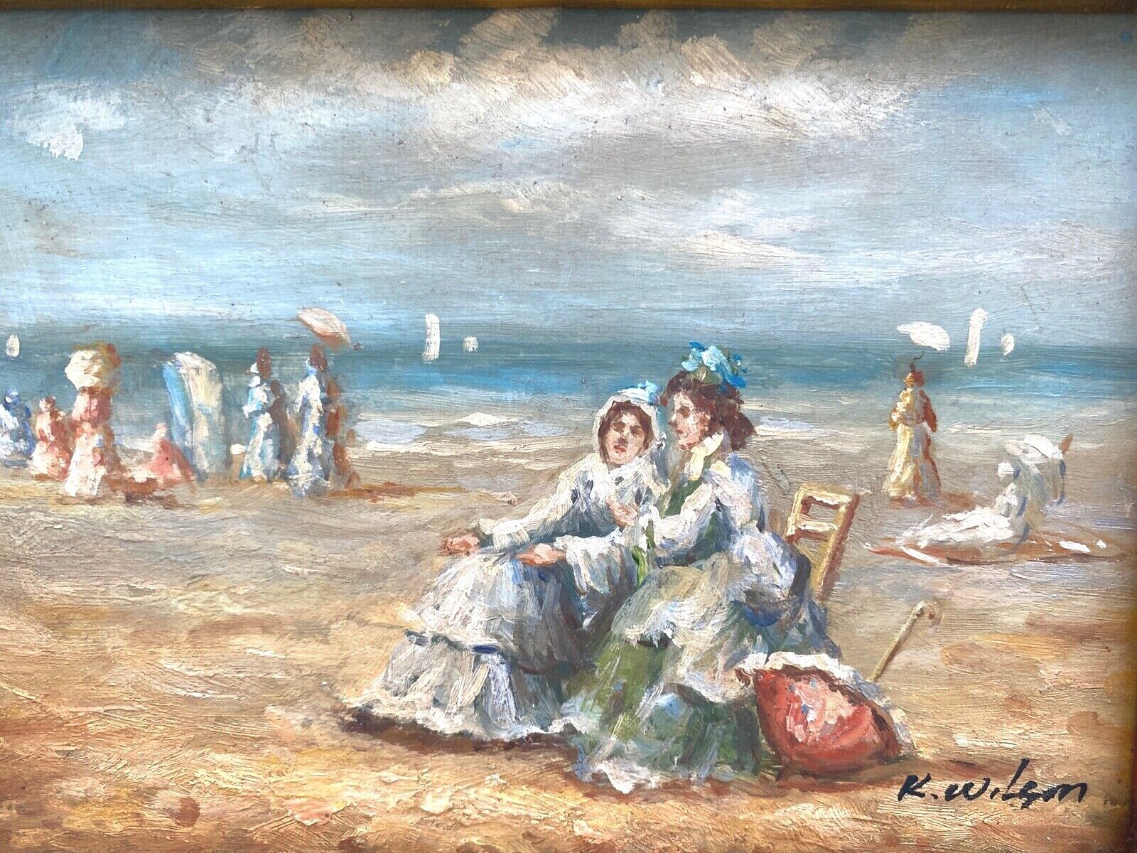 Oil on panel k wilson signature to identify 1960 beach scene
