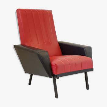 Red and black armchair in leatherette and metal 1950