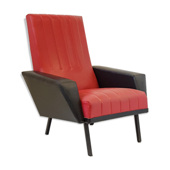 Red and black armchair in leatherette and metal 1950