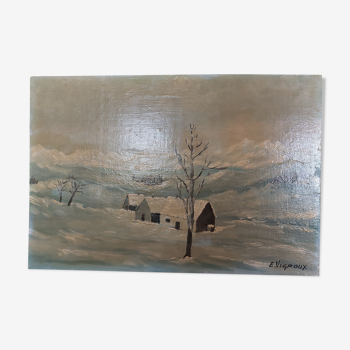 Painting painting oil on panel landscape mountain snow