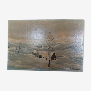 Tableau peinture huile sur panneau paysage montagne neige