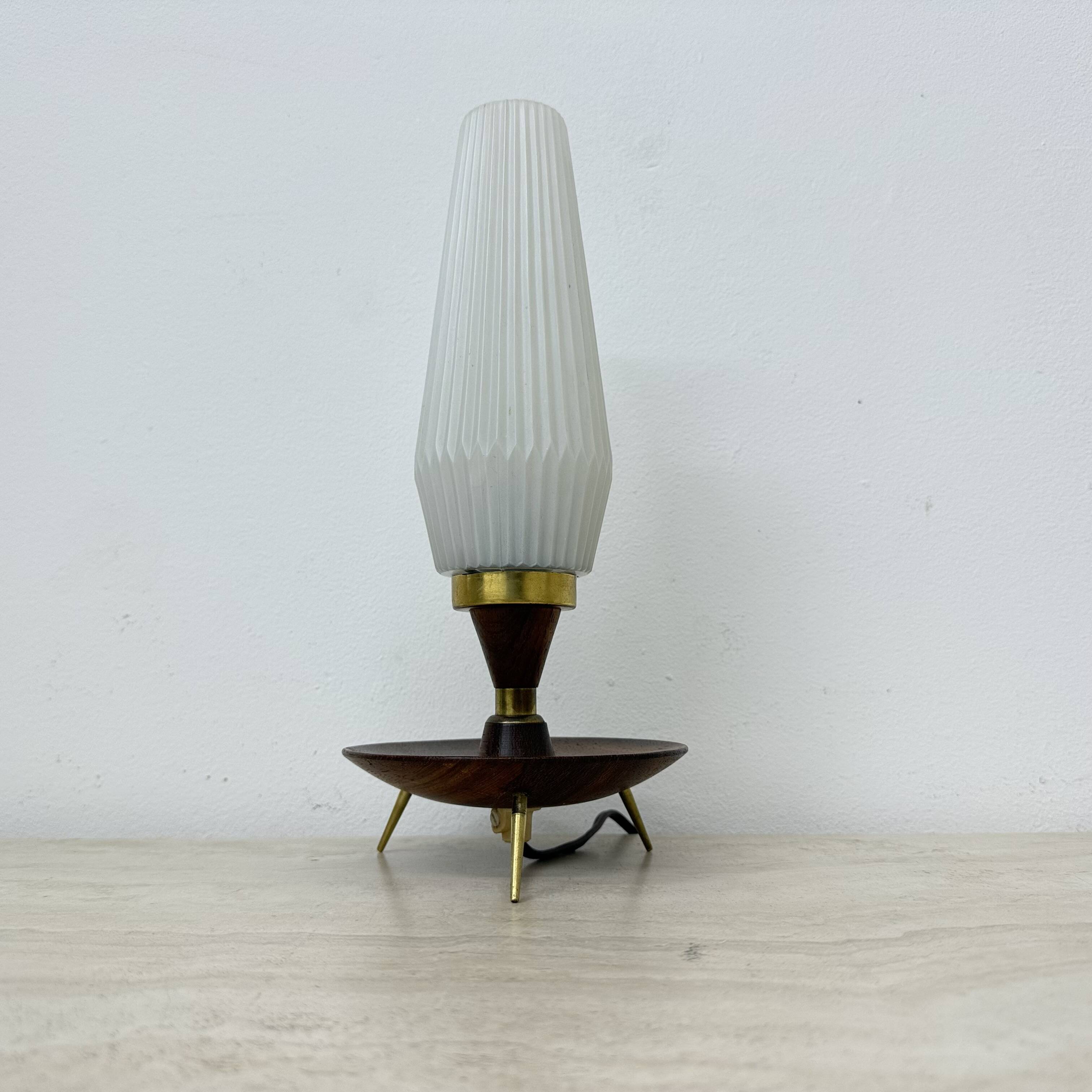 Vintage tripod teak base with opaline glass shade table lamp , 1950s