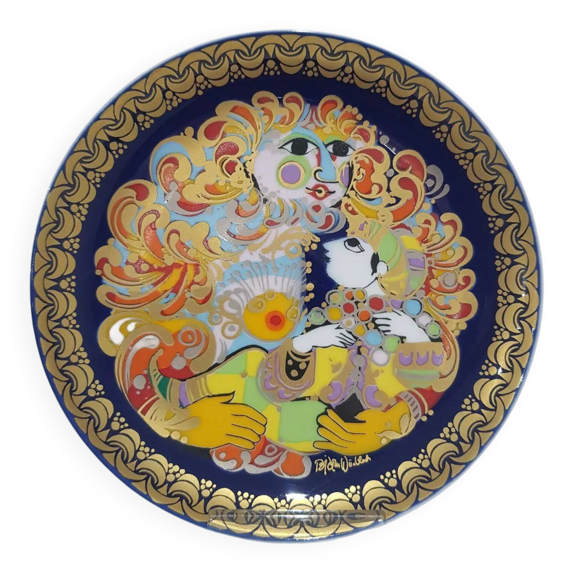 Alladyn plate no. V, cobalt blue, gold, porcelain, design by B. Wiinblad, Germany, 1980s.