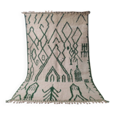 Grand Tapis Beni Ouarain Écru et Vert Forêt, Motifs Berbères Abstraits 3x2M