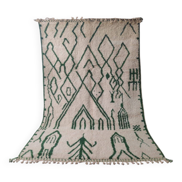 Large Beni Ouarain Rug in Ecru and Forest Green with Abstract Berber Patterns 3x2M