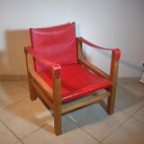 Wood and red leather armchair 60
