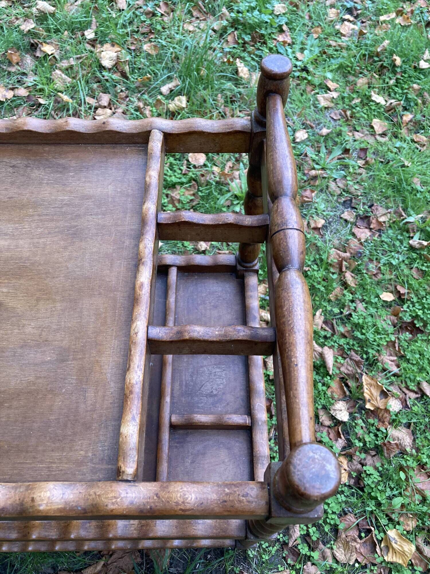 Wooden service turned on old wheels with bottle holder