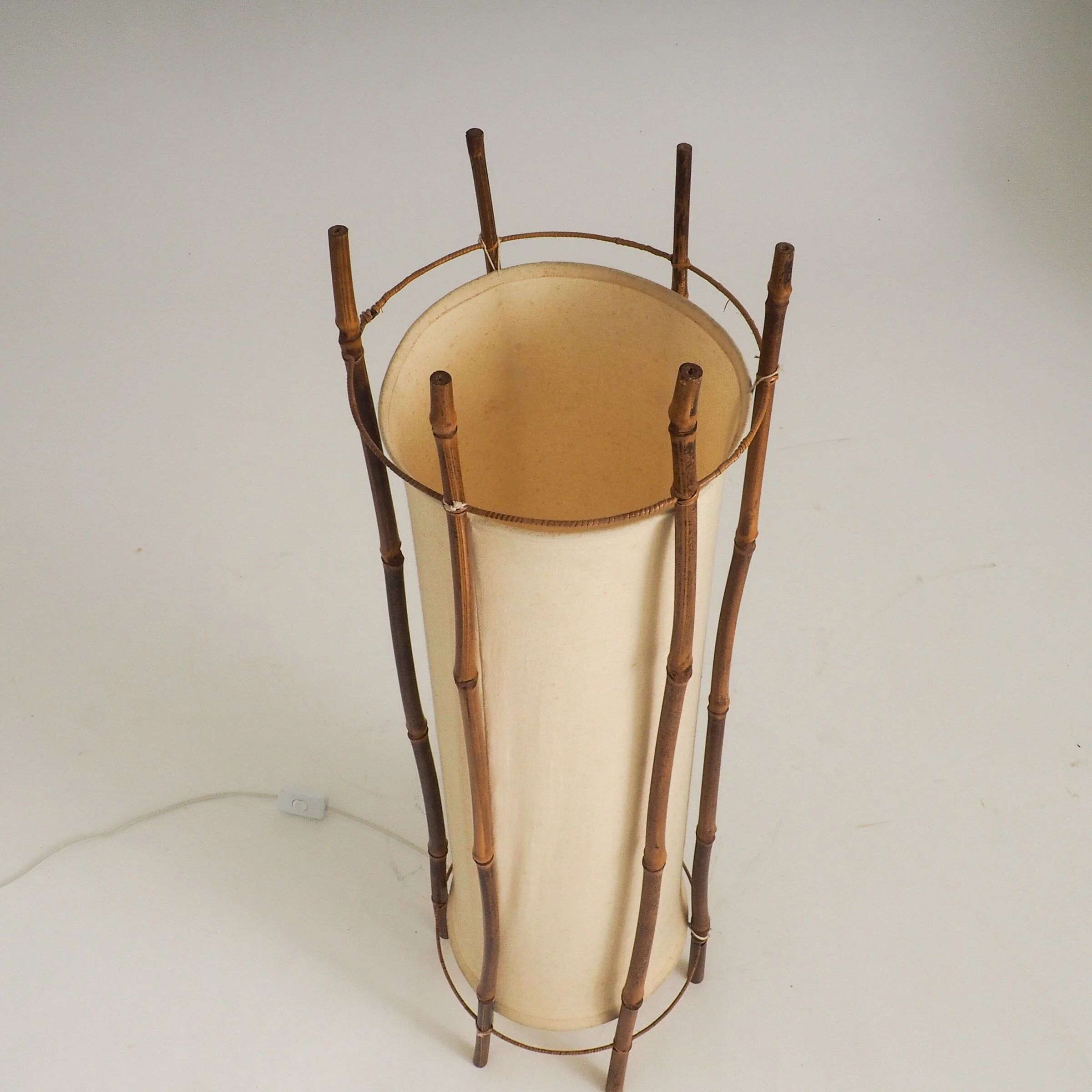 Large bamboo & linen floor lamp by Louis Sognot