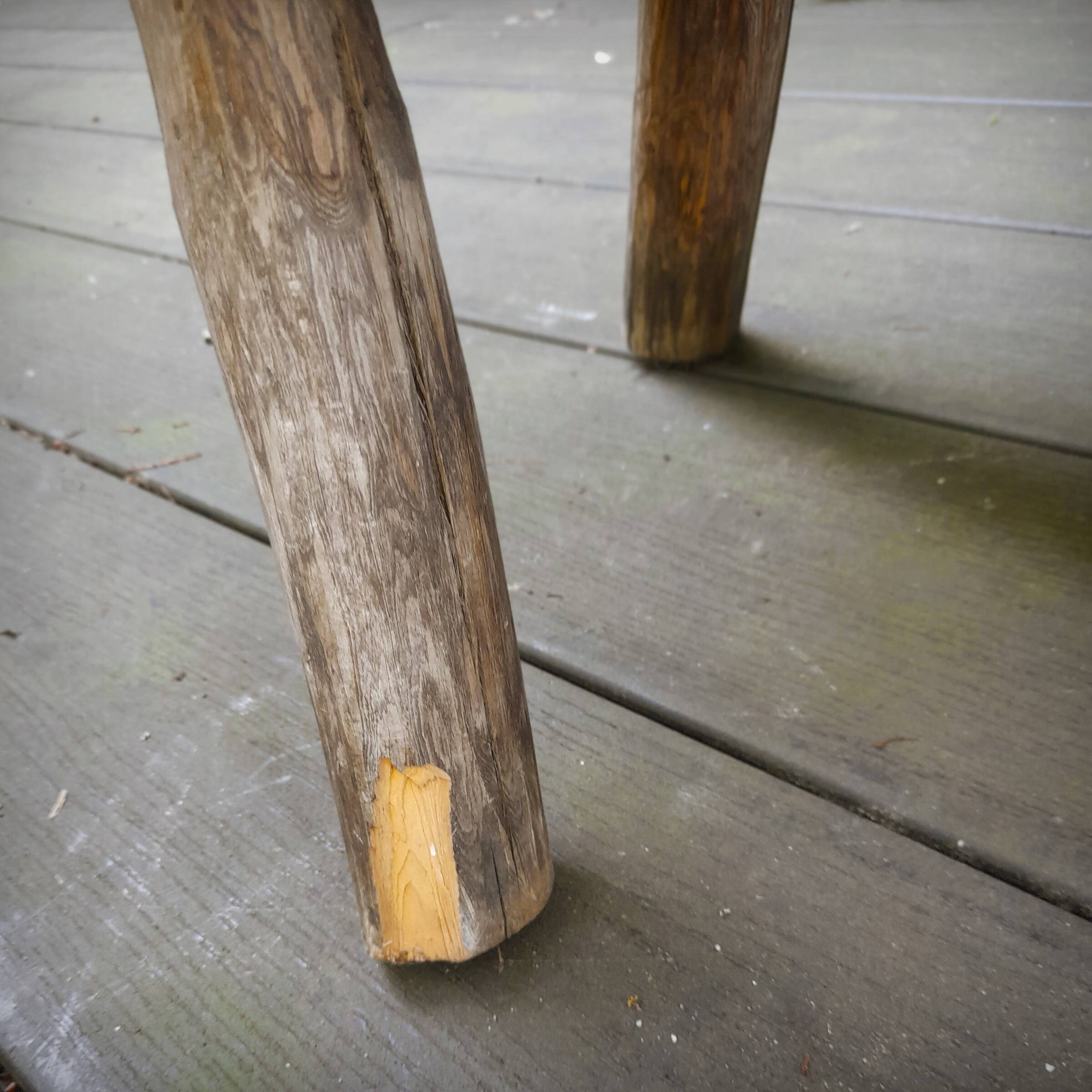 Pair of brutalist tripod stools in grayed pine. France, 1950s