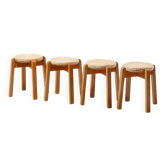 Set of 4 stools in birch and rope from the 1990s.
