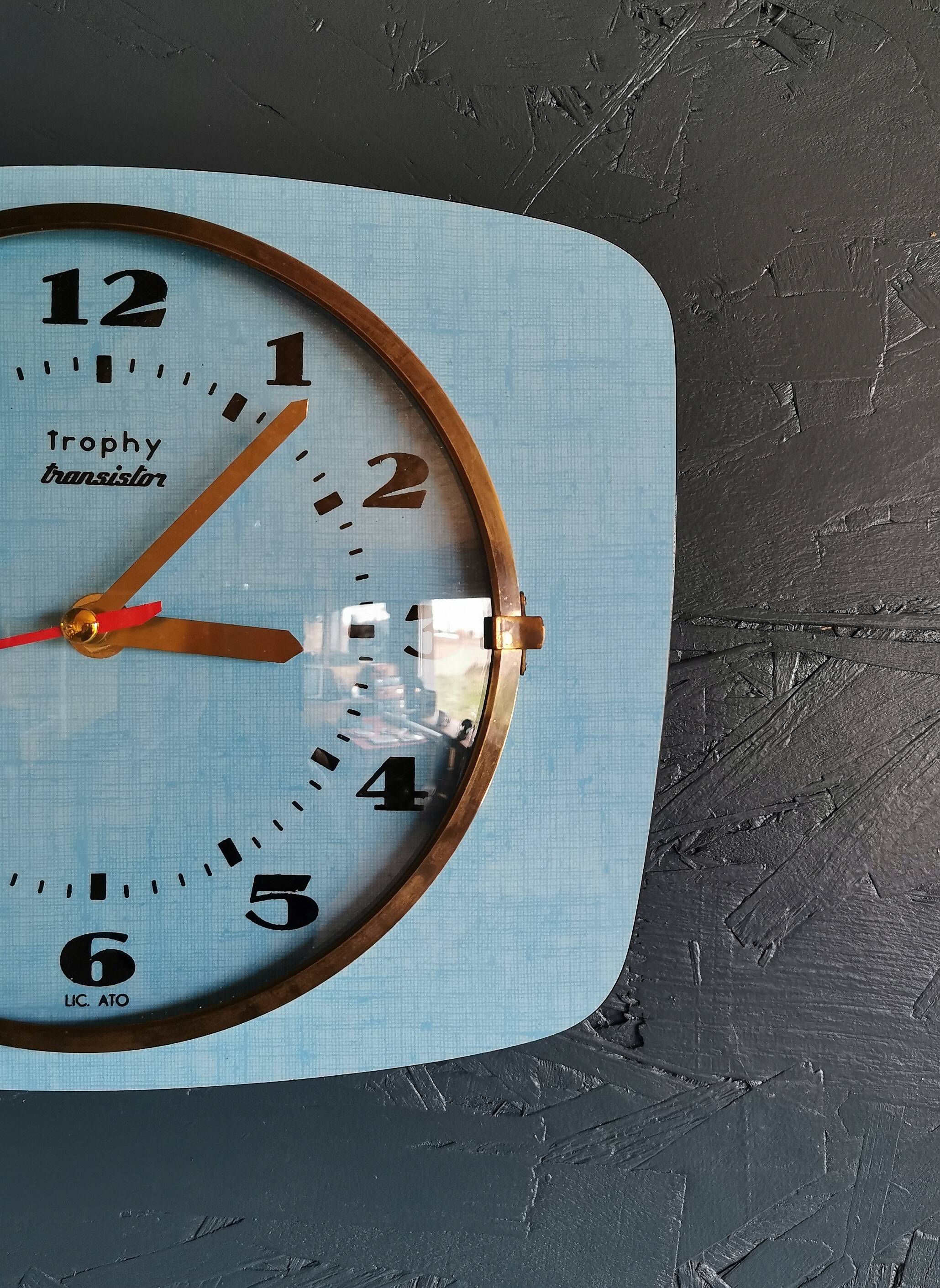 Vintage formica clock rectangular silent wall pendulum "Trophy blue"