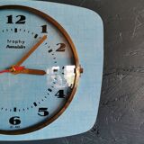 Vintage formica clock rectangular silent wall pendulum "Trophy blue"
