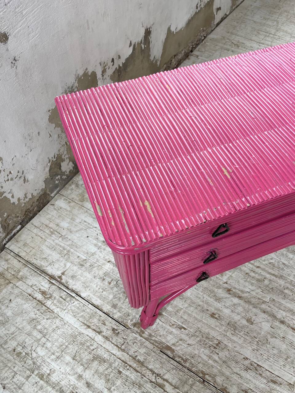 Vintage pink rattan chest of drawers