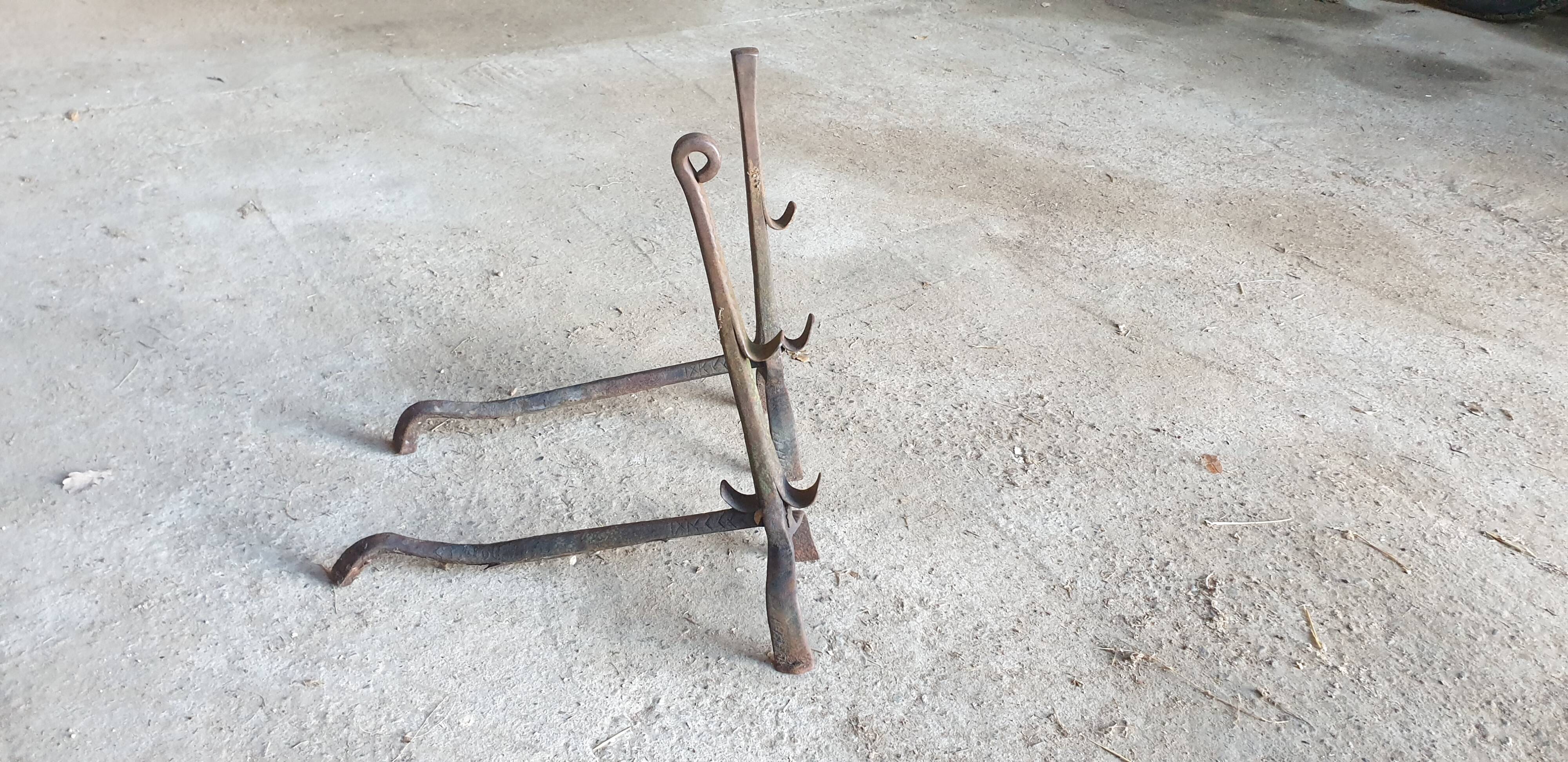 Pair of Twisted Wrought Iron Andirons, 19th Century