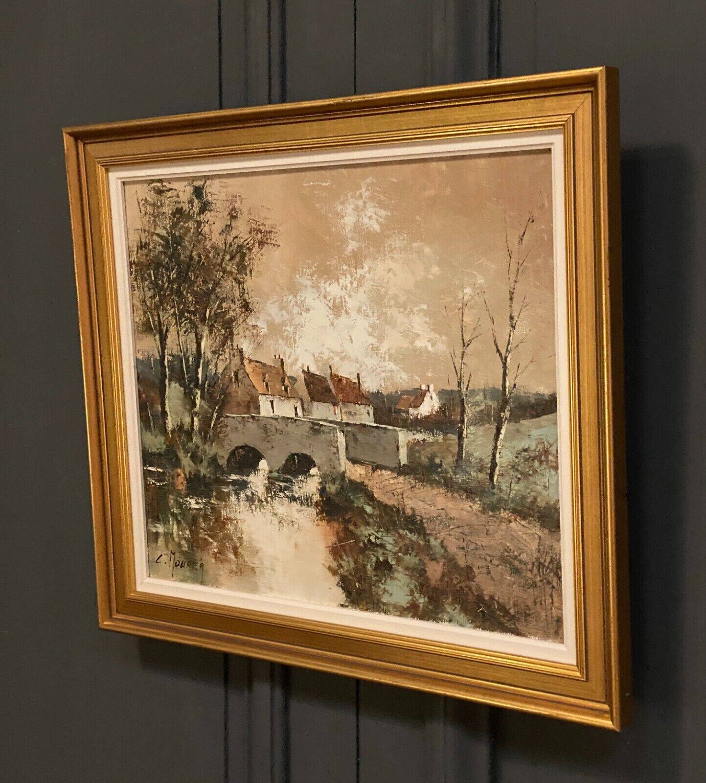 Oil on canvas cottages at the water's edge by Claude Mourier 1980