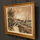 Oil on canvas cottages at the water's edge by Claude Mourier 1980