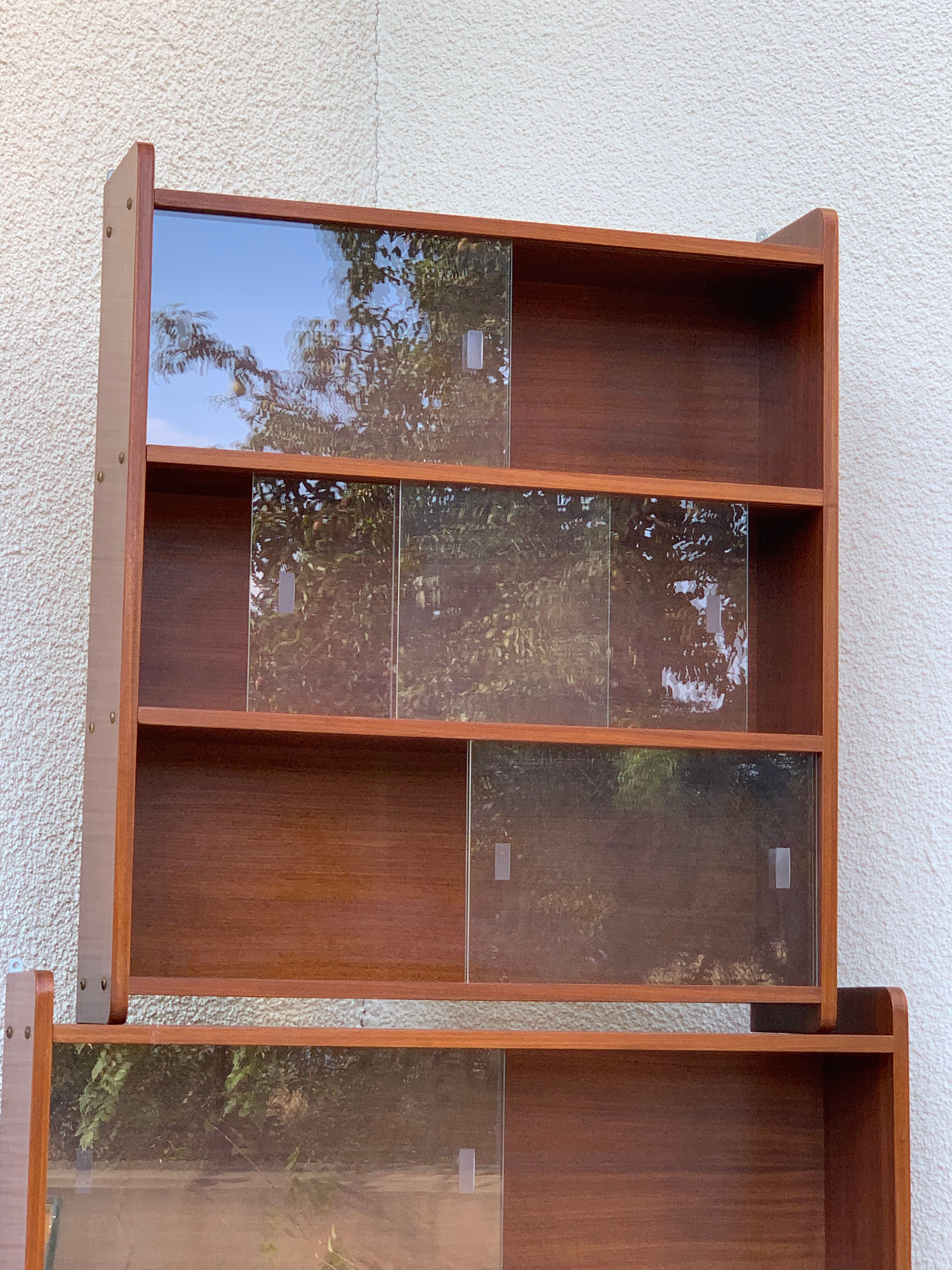 glass wall bookcase in vintage teak 1950