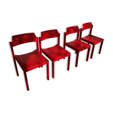 Set of 4 red beech chairs by Rainer Schell 1960