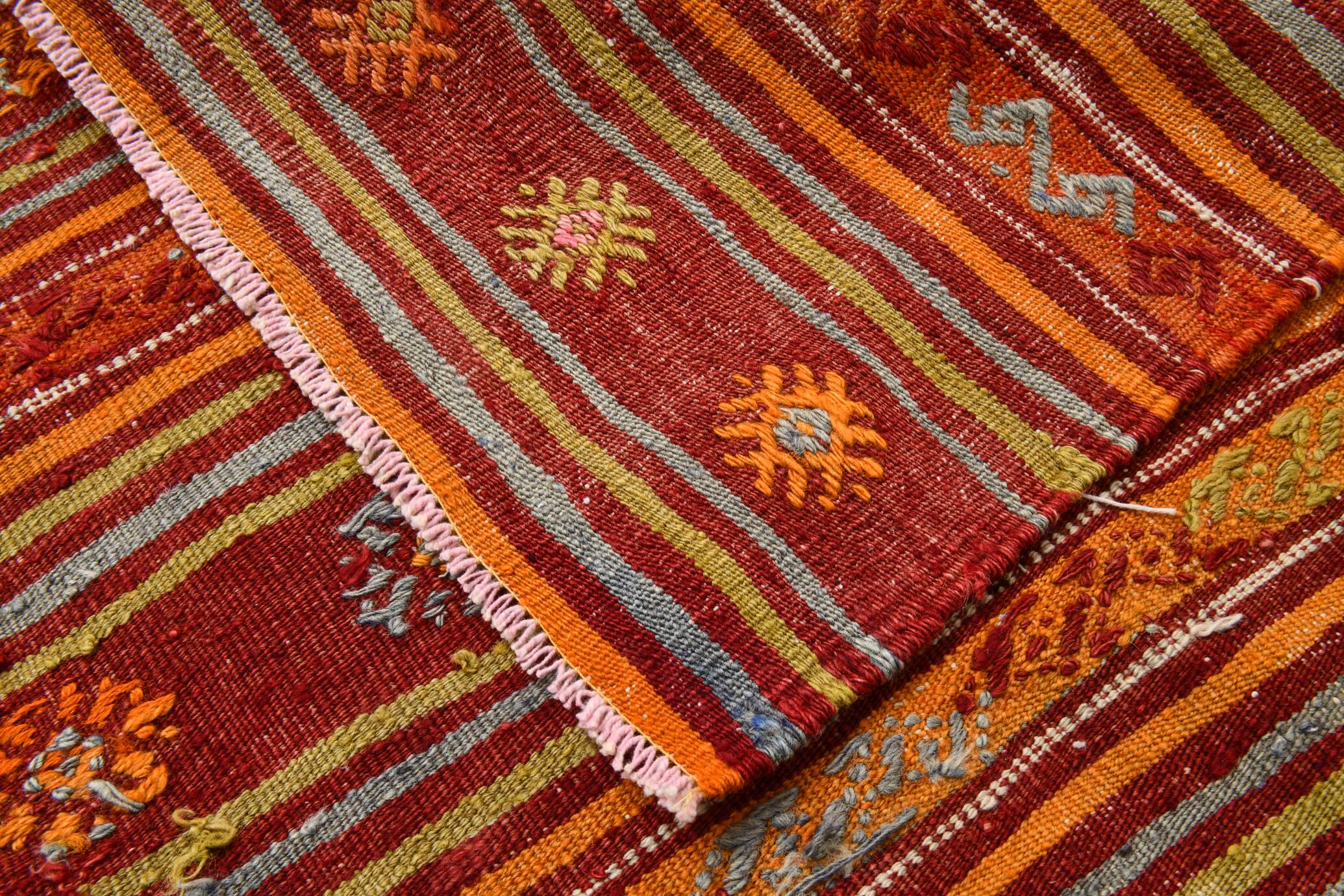 4x7 Red Orange Striped Handmade Wool Kilim Rug